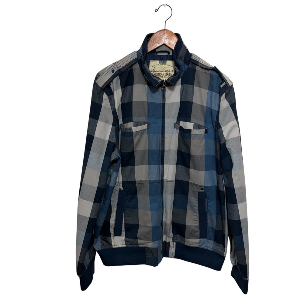 American Rag Mens Blue Plaid 100% Cotton Y2K Bomber Jacket Large